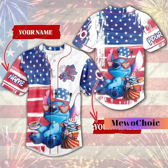 Personalized Stitch Fourth Of July Short sleeve Baseball Jersey, Stitch Shirts For Men, Women, Independence Day Gifts