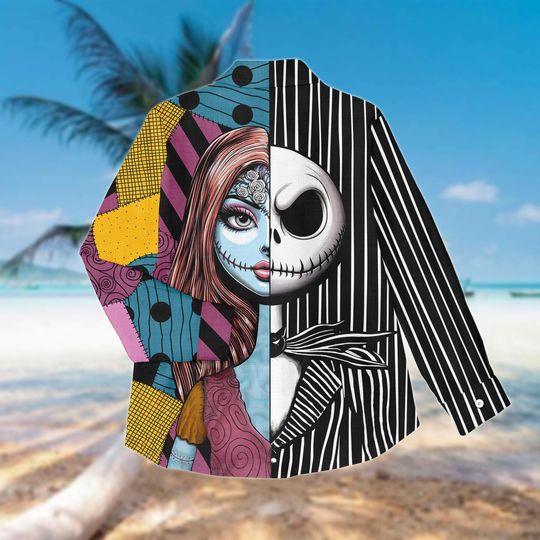 Jack and Sally Halloween Shirt, Split Face Gothic Button Down, Nightmare Before Christmas Blouse, Spooky Fall Top