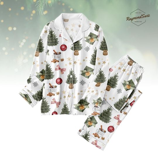 White Christmas Thick Pajamas Set, Cozy Holiday Tree Print Winter Sleepwear, Warm Long Sleeve PJs for Family Matching, Xmas Gift Idea