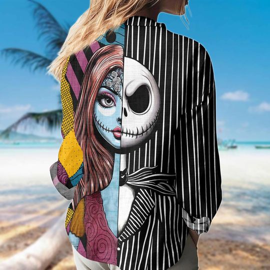 Jack and Sally Halloween Shirt, Split Face Gothic Button Down, Nightmare Before Christmas Blouse, Spooky Fall Top