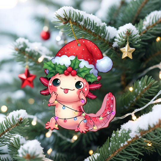 Christmas Axolotl Wooden Ornament, Cute Pink Salamander Xmas Decor, Funny Kawaii Animal Ornament with Santa Hat, Holiday Tree Decor