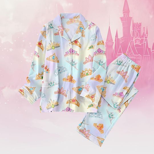 Princess Crown Thick PJs Set, Disney Princess Long Thick Pajamas, Girly Long Pajama Set, Women Pajamas, Gift for Disney Fan