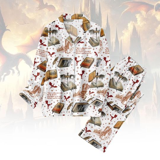 Dragon Long Thick Pajama Set for Adults, Wizard Fantasy Flannel Pyjamas, Gift for Book Lover