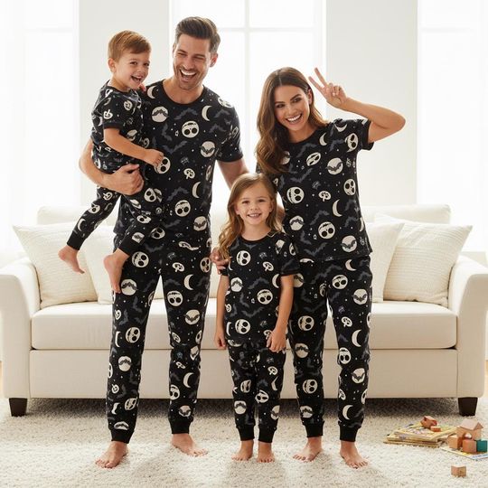 Jack Sally Skeleton Xmas Pajama Set for Family, Spooky Holiday Sleepwear