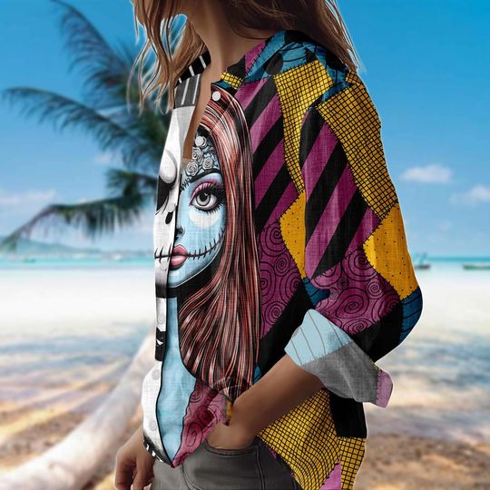 Jack and Sally Halloween Shirt, Split Face Gothic Button Down, Nightmare Before Christmas Blouse, Spooky Fall Top