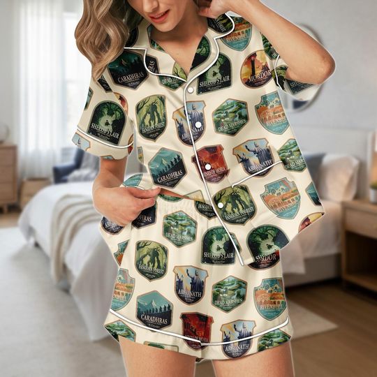 Fantasy Adventure Pajamas Set, Middle-earth Pajamas, Rivendell Short Pajama Set, Mordor Pyjama, Gift for Tolkien Fan