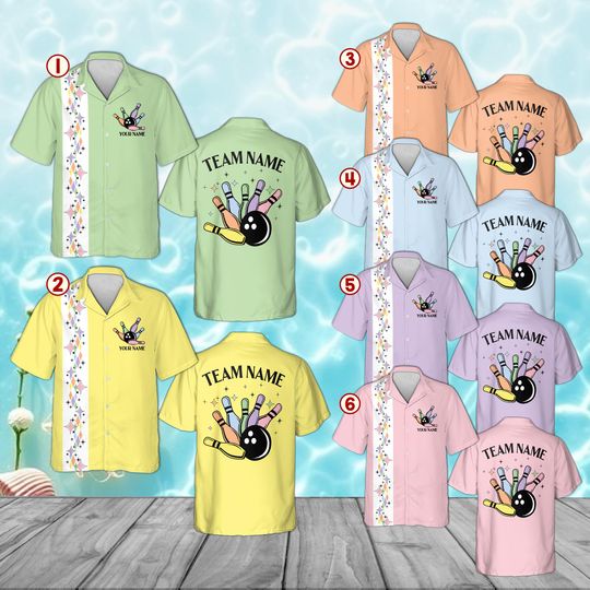 Personalized Team Name Bowling Shirt, Retro Pastel Hawaiian Shirt, Mid Century Modern Starburst Bowler Gift, Unisex Bowler Gift