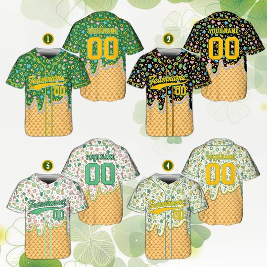 Personalize St Patricks Day Lucky Charm Baseball Jersey, Custom Name Number Shamrock Drip Ice Cream Shirt, Irish Green Festival Outfit Gift