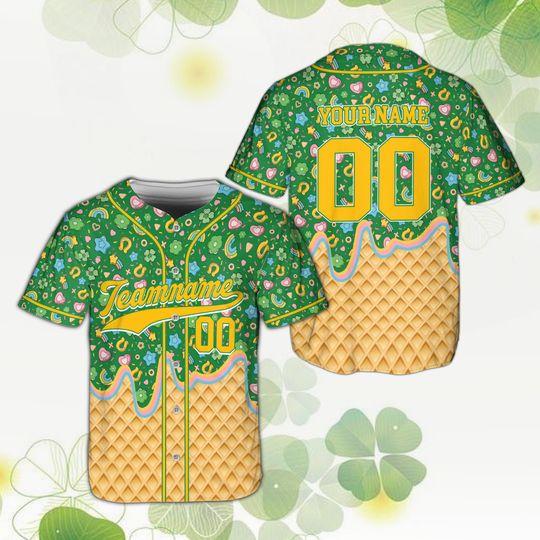 Personalize St Patricks Day Lucky Charm Baseball Jersey, Custom Name Number Shamrock Drip Ice Cream Shirt, Irish Green Festival Outfit Gift