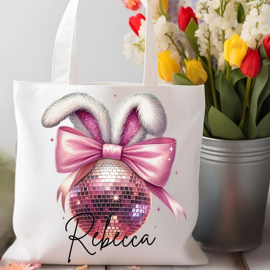 Personalized Coquette Bunny Disco Ball Tote Bag, Easter Aesthetic Gift, Pink Glitter Bunny Bag, Custom Name Tote, Reusable Girly Easter Bag