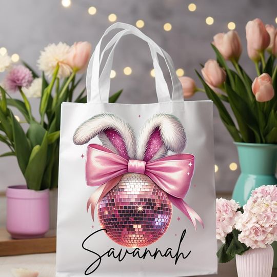 Personalized Coquette Bunny Disco Ball Tote Bag, Easter Aesthetic Gift, Pink Glitter Bunny Bag, Custom Name Tote, Reusable Girly Easter Bag