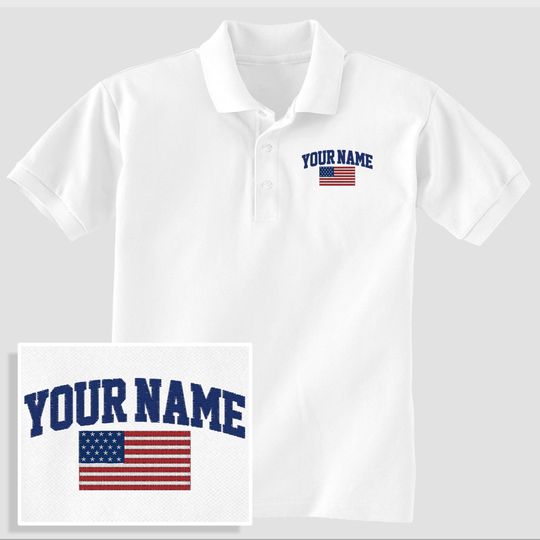 Custom American Flag Polo, Personalized Embroidered 3-button Cotton Knit Golf Shirt, Varsity, Gift Friend Family Myself Partner Parent Dad