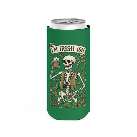 I'M IRISH-ISH Skeleton with Beer Slim Can Cooler St. Patrick's Day
