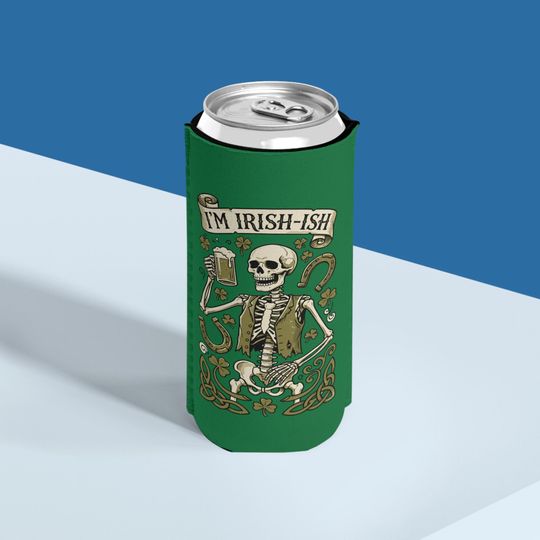 I'M IRISH-ISH Skeleton with Beer Slim Can Cooler St. Patrick's Day