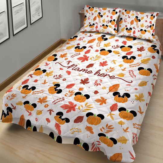 Personalized Fall Mickey Quilt Bedding Set, Disney Autumn Quilt Blanket & Pillowcases,  Mickey Quilt Set