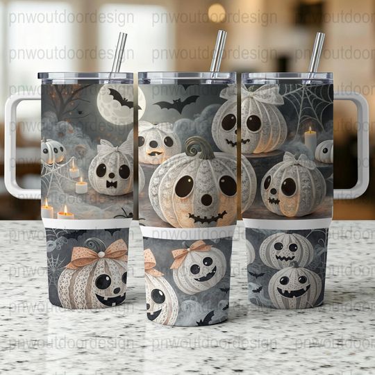 Halloween Tumbler Wrap: Spooky Pumpkin & Ghosts, 40oz Sublimation Design