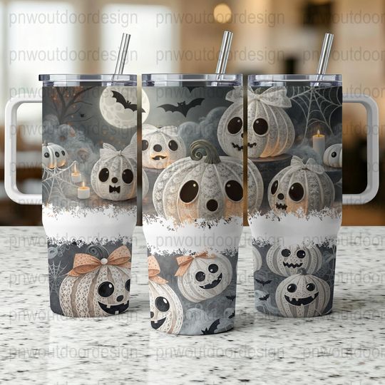 Halloween Tumbler Wrap: Spooky Pumpkin & Ghosts, 40oz Sublimation Design