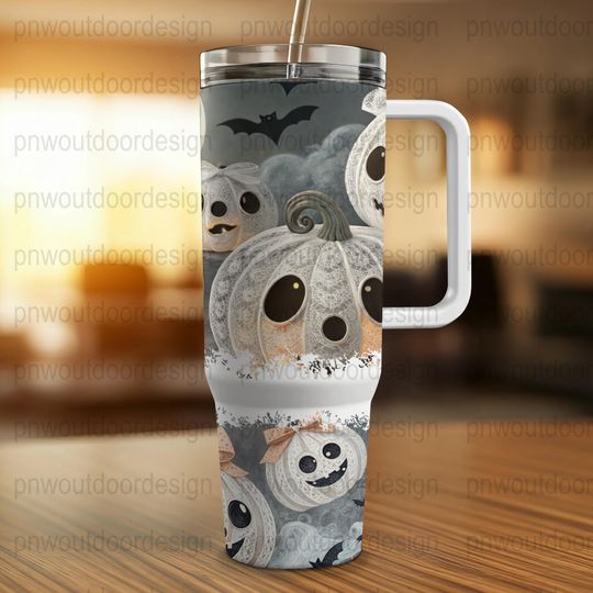 Halloween Tumbler Wrap: Spooky Pumpkin & Ghosts, 40oz Sublimation Design