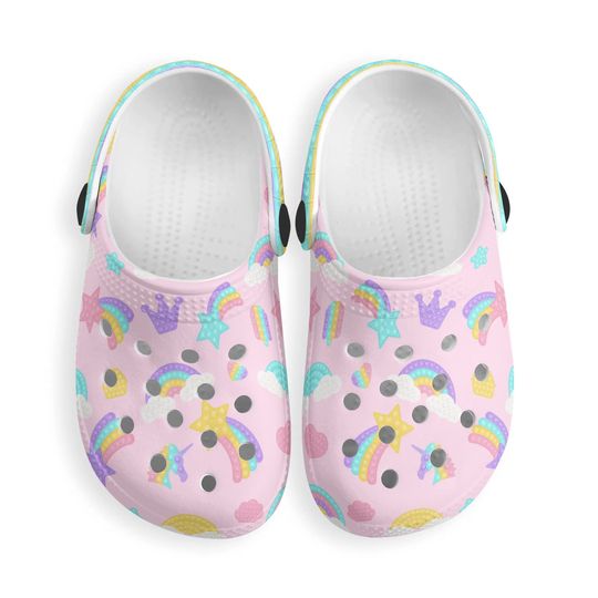Girls Cute Pastel Rainbow Clogs,Kids Pop it All Over Print Pattern
