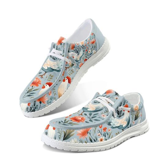 Funky Chicken Print Loafers, Cottagecore Canvas Shoes