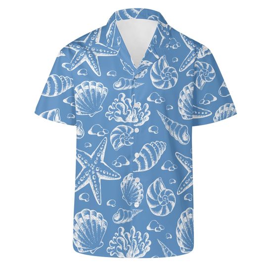 Mens Seashell Print Hawaiian Shirt: Beach Vacation Button-Up
