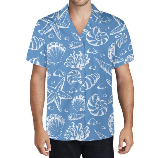 Mens Seashell Print Hawaiian Shirt: Beach Vacation Button-Up