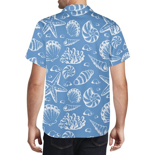 Mens Seashell Print Hawaiian Shirt: Beach Vacation Button-Up