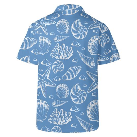 Mens Seashell Print Hawaiian Shirt: Beach Vacation Button-Up