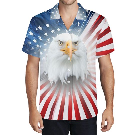 Patriotic Hawaiian Shirt: US Flag Bald Eagle Print - Military Dad Gift