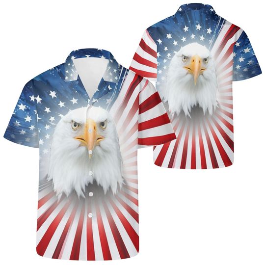 Patriotic Hawaiian Shirt: US Flag Bald Eagle Print - Military Dad Gift