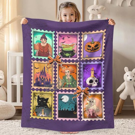 Hocus Pocus Stamp Halloween Blanket, Halloween Coquette Bow Blanket