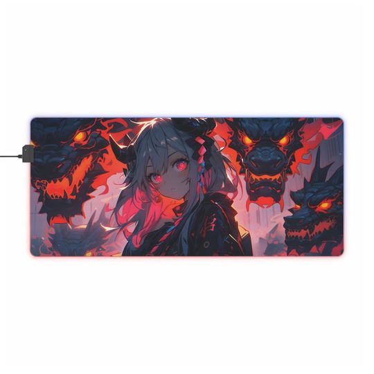 Dragon Anime girl LED Gaming Mousepad: Customizable RGB Lighting, Smooth Surface, Anti-Slip Base, high quality print, Elevate Your Gameplay!