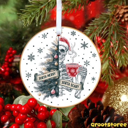 Retro Christmas Tree Skeleton Ornament, Vintage Holiday Character, Funny Preppy Christmas Design