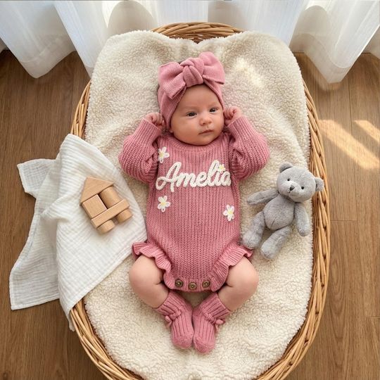 Hand Embroidered Name Baby Romper Set,Personalized Outfit, Baby Boy Romper, Coming Home, Gender Neutral