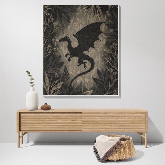 Minimalist Medieval Dragon Woven Blanket, Fourth Wing Inspired Throw, Gothic Botanical Pattern Tapestry