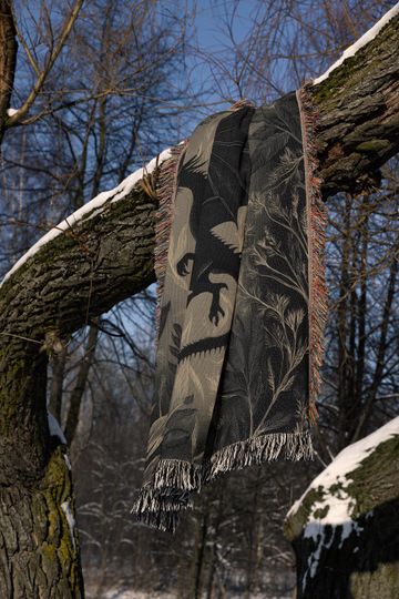 Minimalist Medieval Dragon Woven Blanket, Fourth Wing Inspired Throw, Gothic Botanical Pattern Tapestry