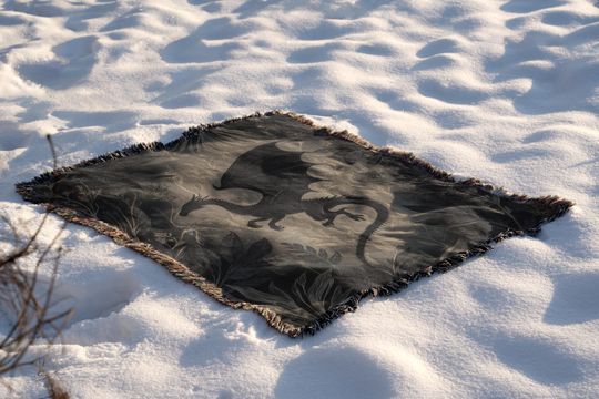 Minimalist Medieval Dragon Woven Blanket, Fourth Wing Inspired Throw, Gothic Botanical Pattern Tapestry