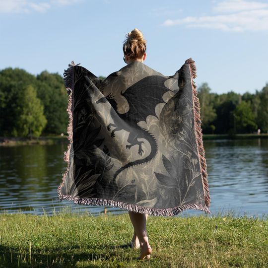 Minimalist Medieval Dragon Woven Blanket, Fourth Wing Inspired Throw, Gothic Botanical Pattern Tapestry
