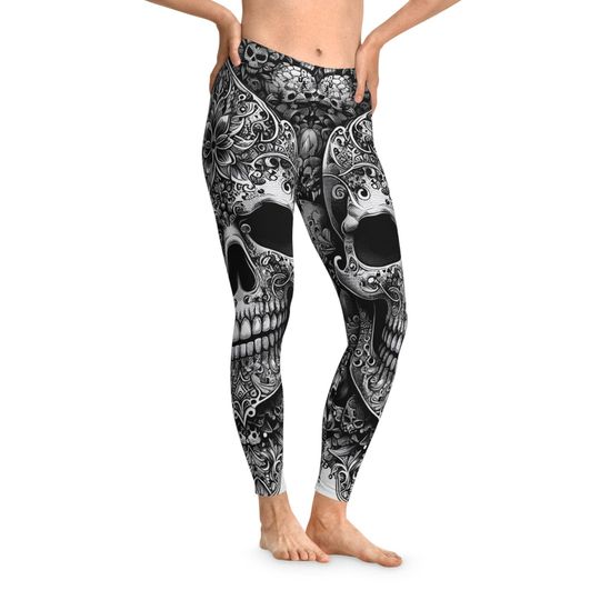 Gothic Sugar Skull Leggings, All Over Print Stretchy Pants, Halloween Costume