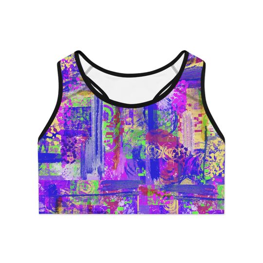 Vibrant Abstract Collage Sports Bra | Purple Neon Pattern