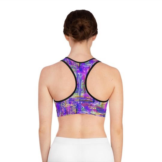 Vibrant Abstract Collage Sports Bra | Purple Neon Pattern