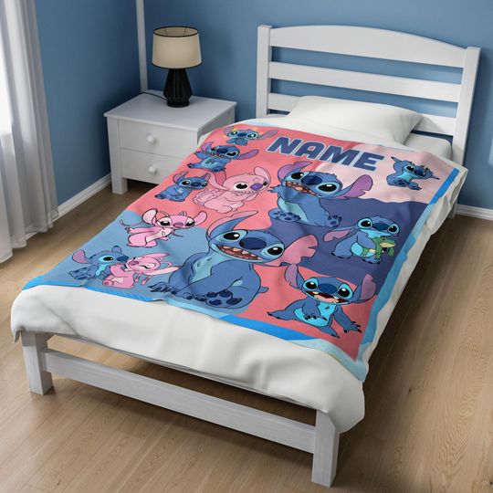Custom Name Stitch Angel Throw Blanket, Custom Disney Throw Blanket