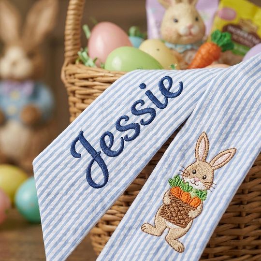 Personalized Seersucker Easter Basket Bow, Monogrammed Handle Decoration Ribbon, Easter Decor Sash