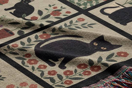 Black Cat Floral Woven Blanket