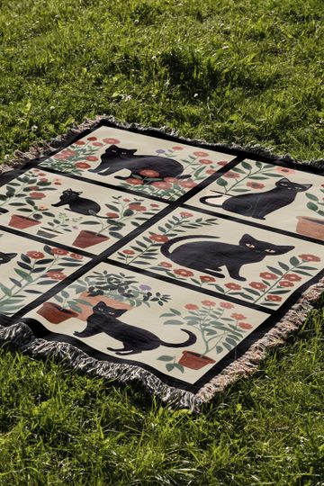 Black Cat Floral Woven Blanket