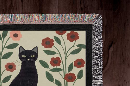 Black Cat Floral Woven Blanket