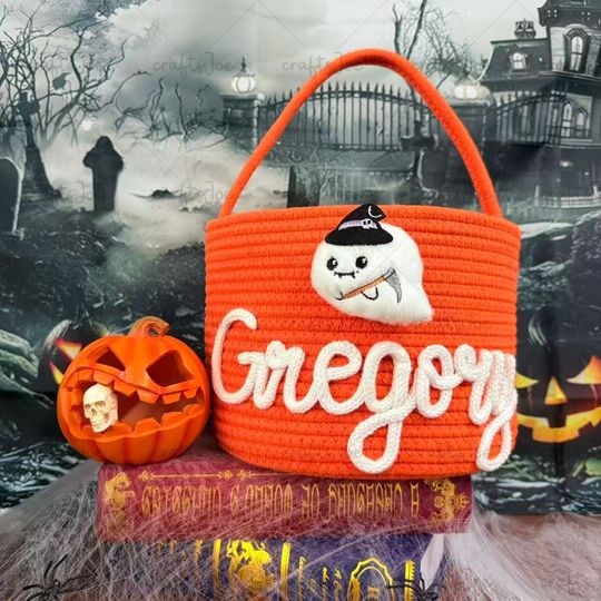 Custom Name Halloween Trick or Treat Basket:Hand-woven Rope Made Of High-quality Yarn,Personalized Name Halloween Basket