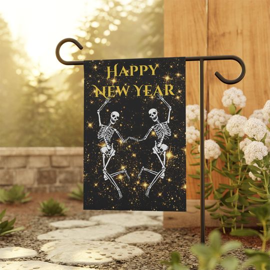 Skeleton Happy New Year GardenFlag, Funny Dancing Skeleton Flag