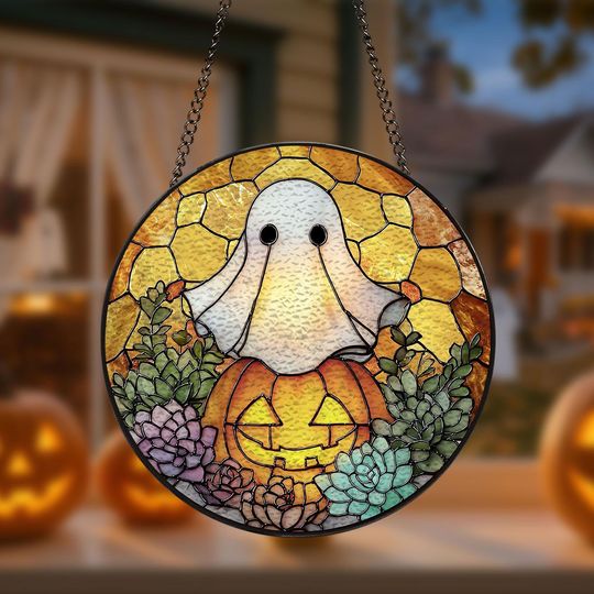 Halloween Ghost & Pumpkin Suncatcher Hanging Ornament for Window Decor