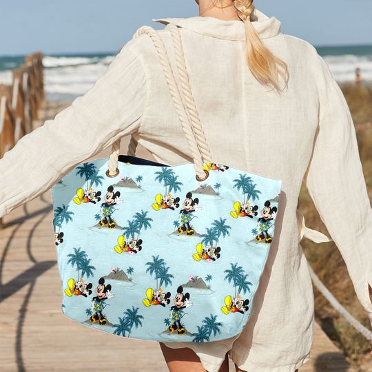 Personalized Mickey Mouse Hawaii Palm Tree Beach Bag, Mickey Mouse Tote Bag, Animated Movie Bag, Summer Vacation Gift For Mom, Daughter
